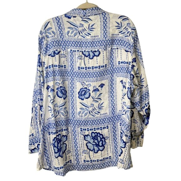 Halston Floral Linen Button-Up Top Blue White Tunic Shirt Womens Size 3X - Picture 2 of 6